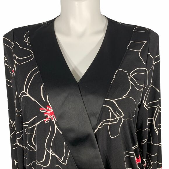 Alfani Womens Blouse Top Faux Wrap Floral Print Long Sleeves Black White Pink L - Picture 7 of 15